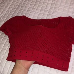 Mesh Crop Top with Red Rhinestone Details on Band